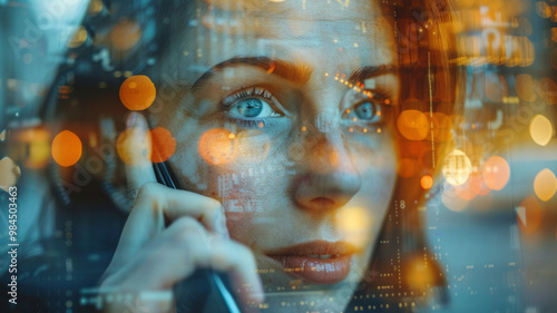 Double exposure with reflection portrait of confident serious business woman talking phone at office. Photo taken through the window glass. Business and education concept.