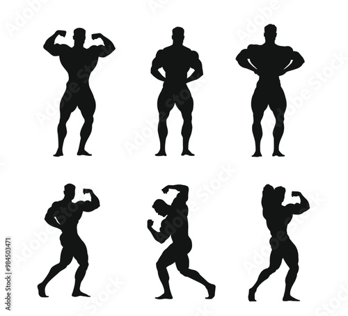 Muscular bodybuilder Pose vector silhouette illustration isolated on white background.