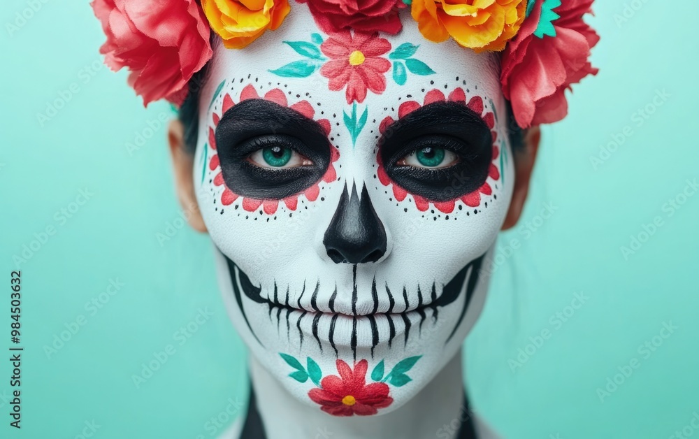 Vibrant Day of the Dead celebration with colorful flowers and face paint, showcasing cultural significance and artistry. Vibrant Day of the Dead celebration with colorful flowers and face paint, showcasing cultural significance and artistry.