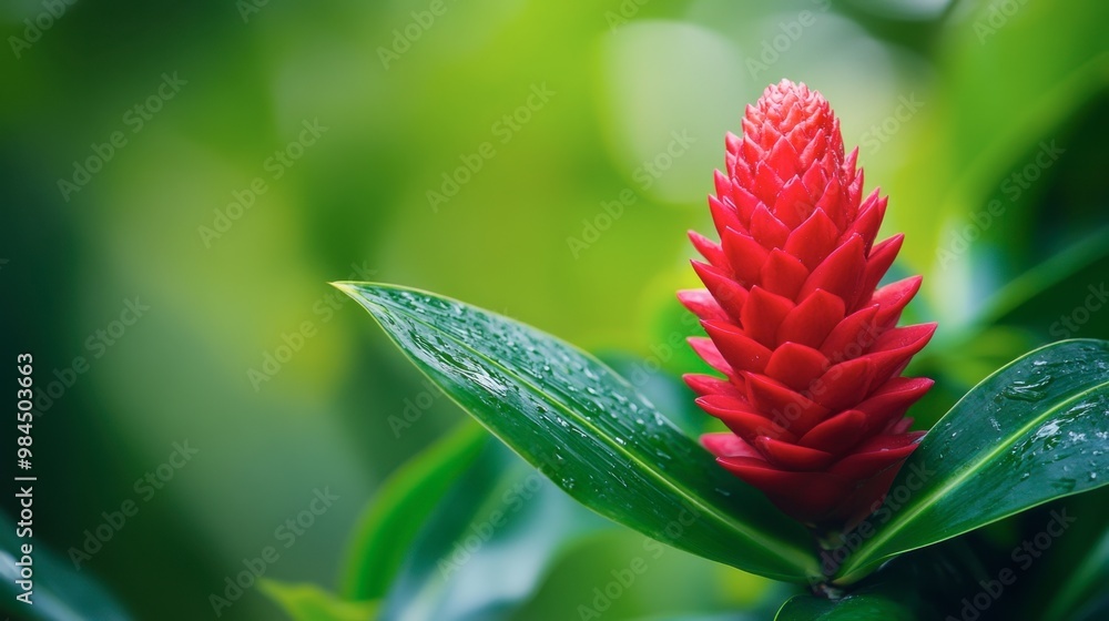 A red ginger flower seen up close, with its vibrant color contrasting against the green leaves in the background. A red ginger flower seen up close, with its vibrant color contrasting against the green leaves in the background.