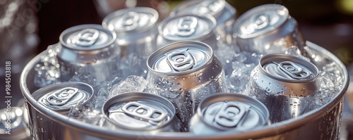 Close-up of silver soda cans in an ice bucket 