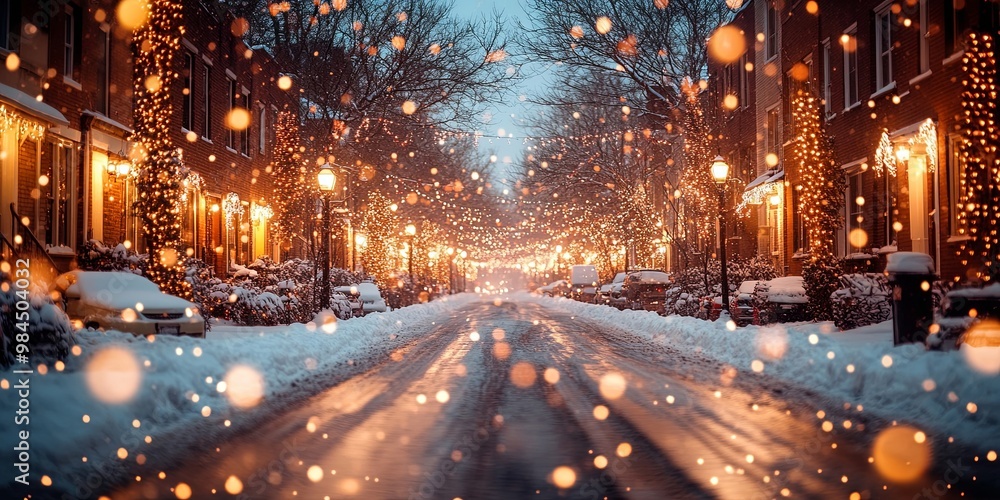 A snowy street lined with charming houses adorned with twinkling Christmas lights, creating a magical winter wonderland scene A snowy street lined with charming houses adorned with twinkling Christmas lights, creating a magical winter wonderland scene