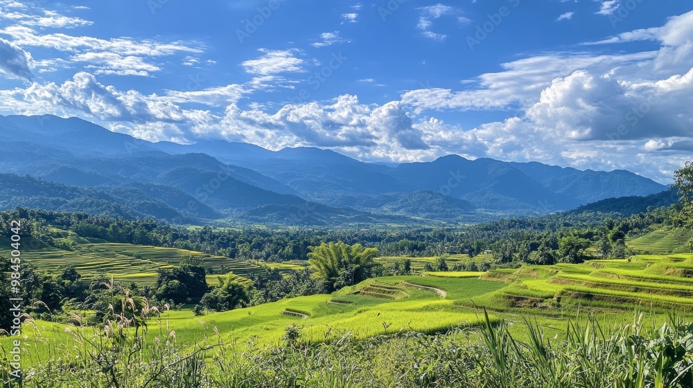 Fototapeta premium A scenic shot of the mountains and rice terraces in Pai, a backpacker paradise in northern Thailand.