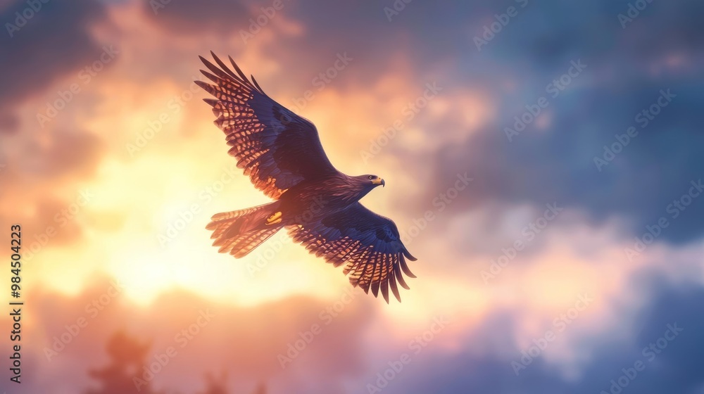 Fototapeta premium Majestic hawk soaring through the sunset sky, vibrant colors and dramatic clouds.