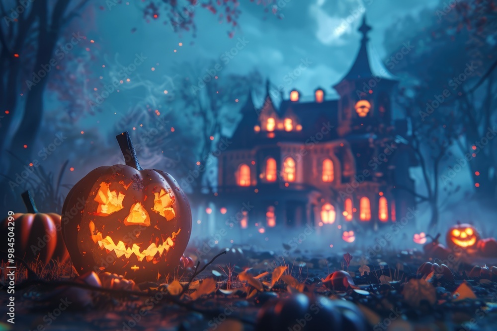 Glowing Jack-o'-lantern in a Foggy Forest with a Haunted House in the Background Glowing Jack-o'-lantern in a Foggy Forest with a Haunted House in the Background