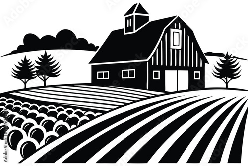 Farmland Silhouette with Red Barn, Countryside Landscape Silhouette, Rustic Farm Illustration