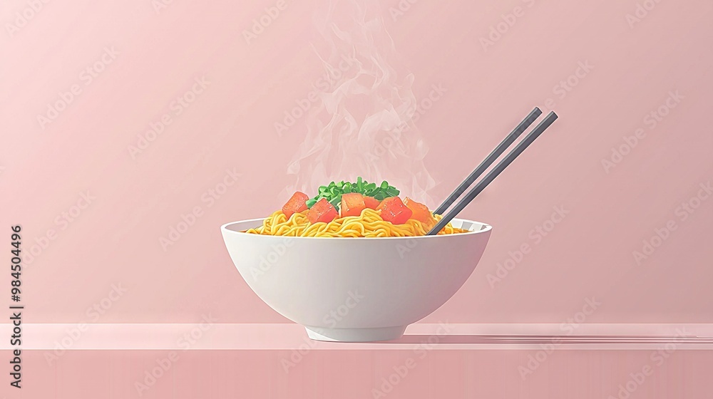 A bowl of noodles with chopsticks and broccoli is shown against a pink backdrop A bowl of noodles with chopsticks and broccoli is shown against a pink backdrop