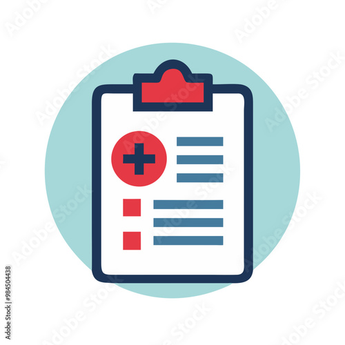 Medical clipboard icon in modern flat style with blue and red colors, design concept
