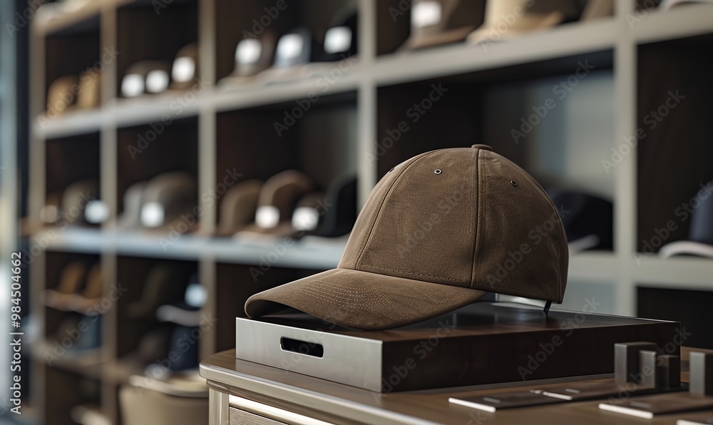 a 3D-model of a brown baseball cap displayed on a Minamalis shelf, Generative AI. a 3D-model of a brown baseball cap displayed on a Minamalis shelf, Generative AI.