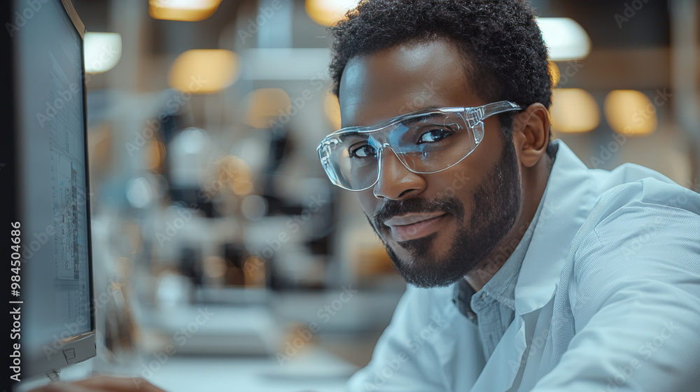 Fototapeta premium A young Black man in safety glasses looks at the camera while working in a lab.