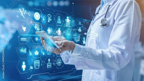 Technology in modern healthcare through images showing telemedicine consultations, digital health records and innovative medical devices.