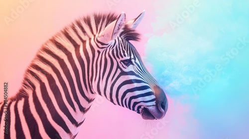 Zebra portrait with pastel gradient background, unique artistic representation.