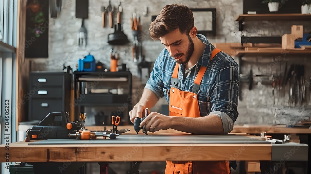 Fototapeta premium Handyman Assembling Ergonomic Office Furniture with Sleek Tools on Workbench in Contemporary Loft