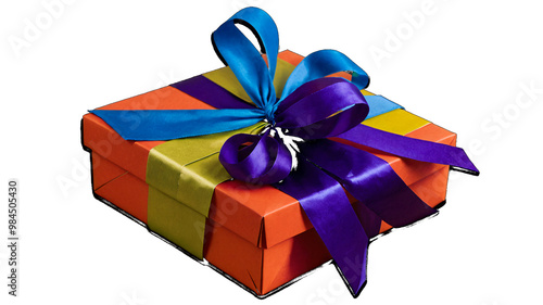 Gift box of different colors, wrapped with colorful ribbons and bows. They are arranged on a white background. This image is perfect for any project related to celebration, gifts, presents. photo