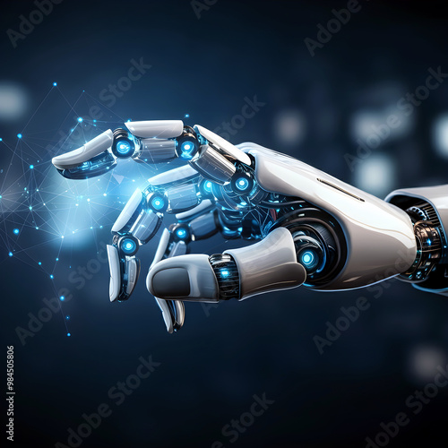 Sleek robotic hand reaching out to network connection, global artificial intelligence network, technology and innovation.