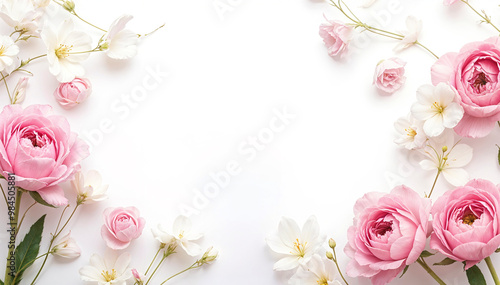 Flower frame. Floral background. Delicate pink flowers on white background