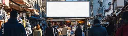 White billboard atop a small shop in a busy market street, bright sunlight casting shadows, people walking by, eyelevel shot
