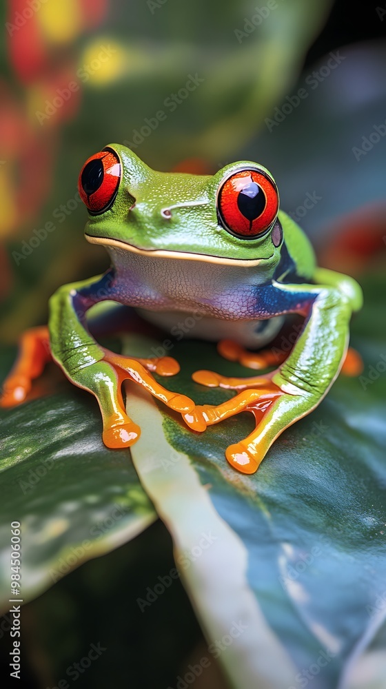Fototapeta premium Green Tree Frog on Blue Background, Photo Realistic, Texture, Pattern Background, Wallpaper, Cover and Screen of Smartphone, PC, Laptop, 9:16 and 16:9 Format