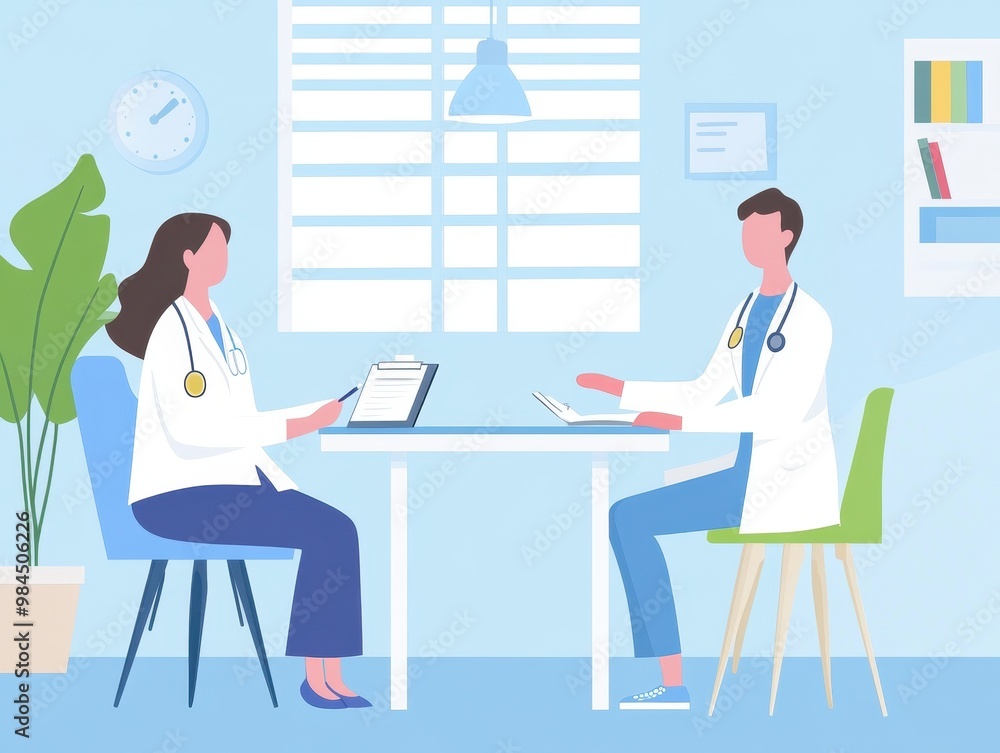 A doctor and patient discuss healthcare in a modern clinic, surrounded by medical documents and a calming environment. A doctor and patient discuss healthcare in a modern clinic, surrounded by medical documents and a calming environment.
