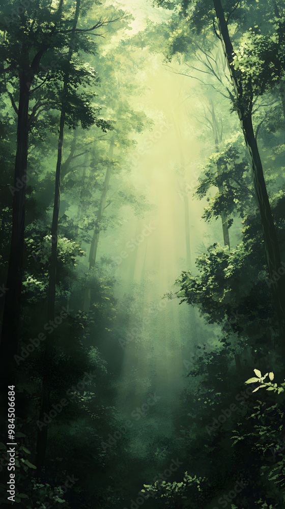 Sunlight streams through a dense green forest, creating a mystical atmosphere. Sunlight streams through a dense green forest, creating a mystical atmosphere.