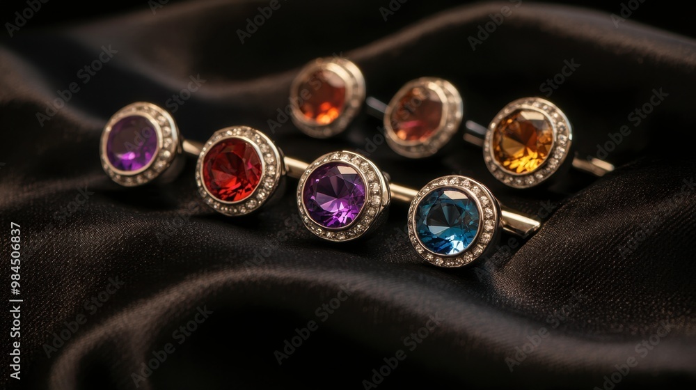 A set of gemstone-studded cufflinks placed on a black satin surface, each gem sparkling in the soft light. A set of gemstone-studded cufflinks placed on a black satin surface, each gem sparkling in the soft light.