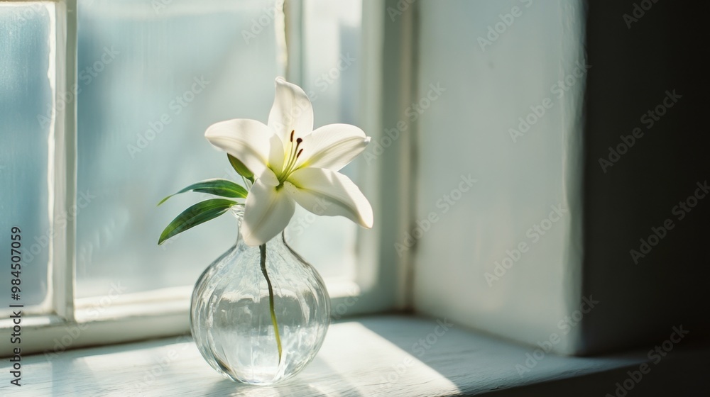 A single white lily in a clear vase placed near a window, softly illuminated by natural light. A single white lily in a clear vase placed near a window, softly illuminated by natural light.