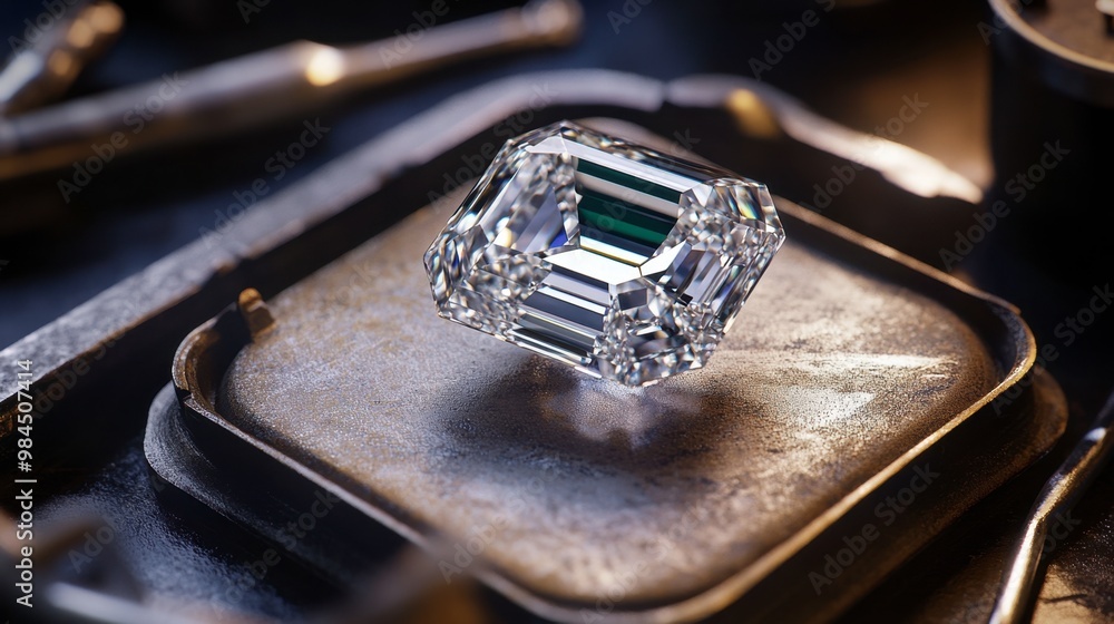 A sparkling emerald-cut diamond displayed on a jeweler's tray, with precision tools surrounding it. A sparkling emerald-cut diamond displayed on a jeweler's tray, with precision tools surrounding it.
