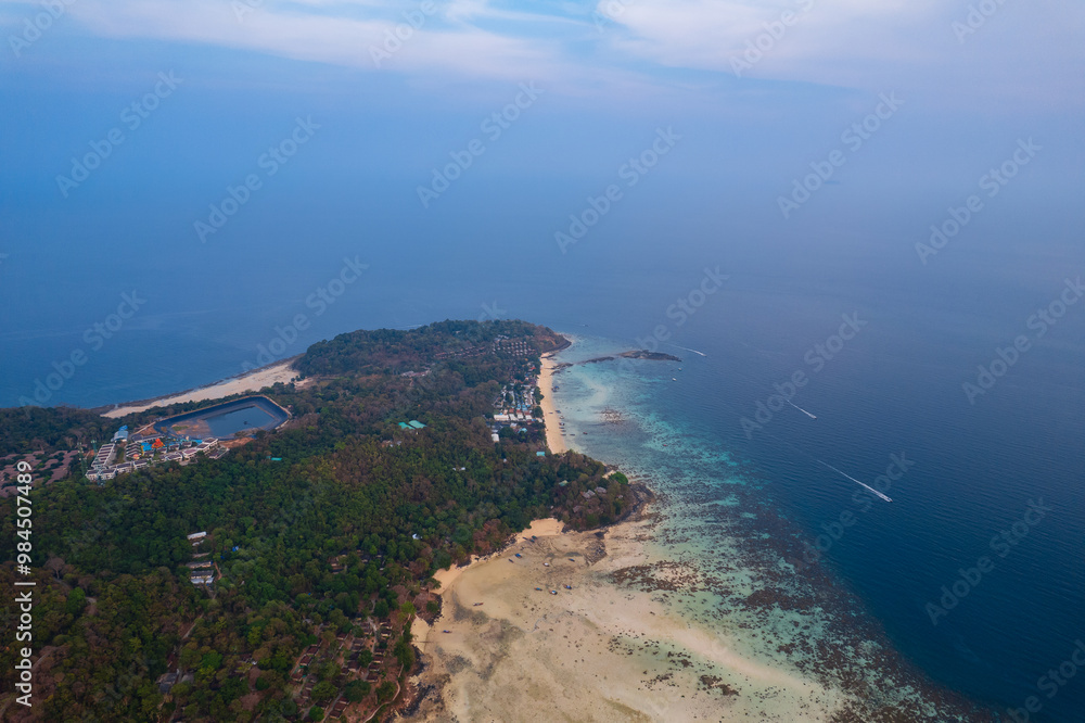 Aerial view big low tide in Andaman Sea, Phi Phi island from drone in Province of Krabi, travel landmark of Thailand Aerial view big low tide in Andaman Sea, Phi Phi island from drone in Province of Krabi, travel landmark of Thailand