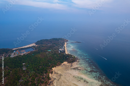 Aerial view big low tide in Andaman Sea, Phi Phi island from drone in Province of Krabi, travel landmark of Thailand