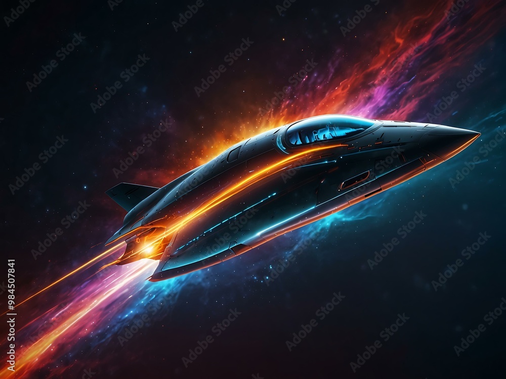 Futuristic jet flying through space with vibrant colors and blazing speed. Futuristic jet flying through space with vibrant colors and blazing speed.