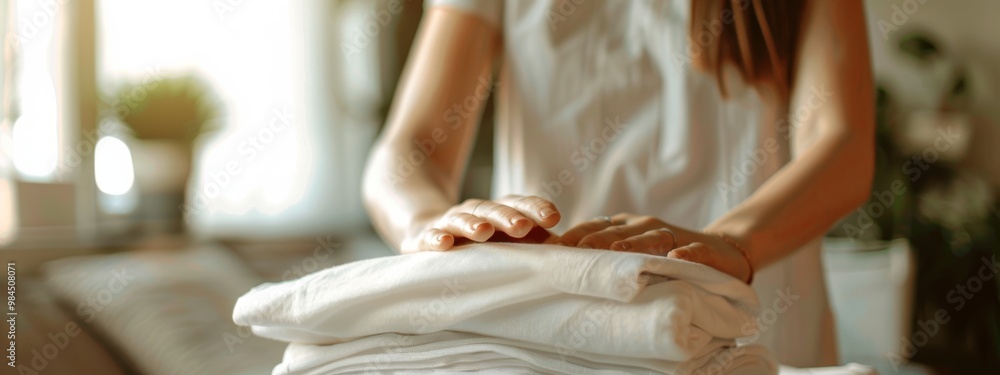 A woman arranging neatly folded clothes on a wooden table in a cozy, natural setting, emphasizing tidiness and organization A woman arranging neatly folded clothes on a wooden table in a cozy, natural setting, emphasizing tidiness and organization