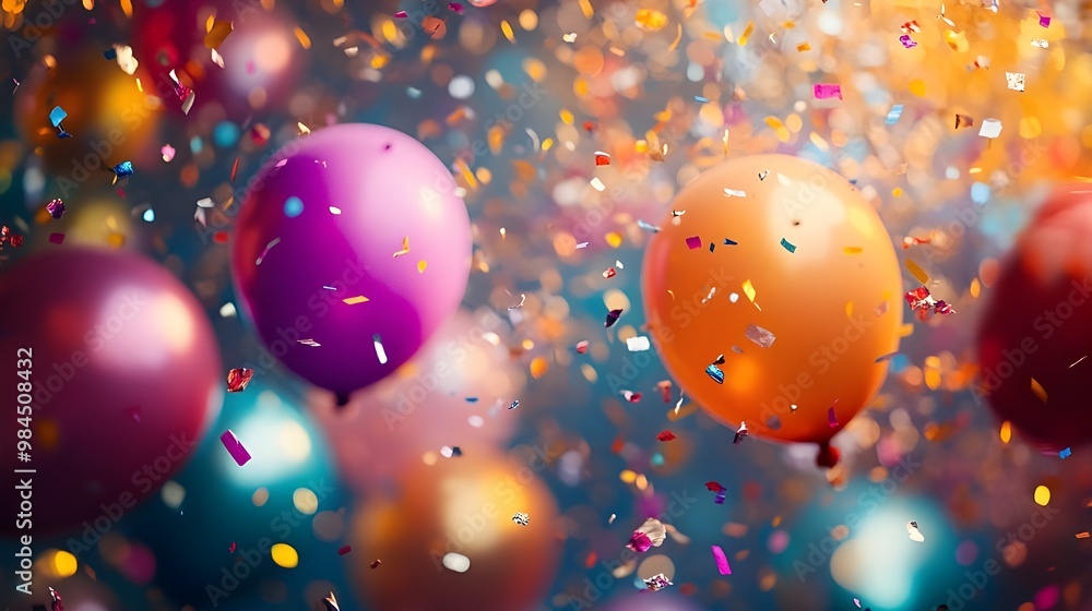 Colorful balloons and confetti on blue background. 3d rendering - Generated AI Colorful balloons and confetti on blue background. 3d rendering - Generated AI