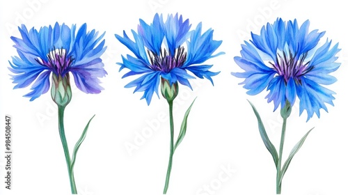 Conceptual image of three blue cornflower knapweed flowers on white background in springtime photo