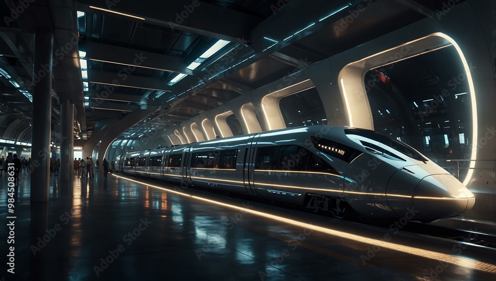 Futuristic train at a sleek, illuminated station. Futuristic train at a sleek, illuminated station.