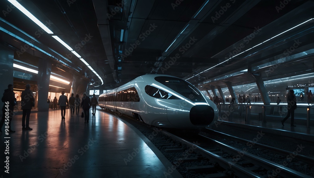 Futuristic train at a sleek, illuminated station. Futuristic train at a sleek, illuminated station.