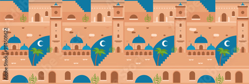 Middle Eastern town pattern. Repeating design element for printing on fabric. Architecture in morocco traditional style. East asian buildings and mosque. Flat vector illustration