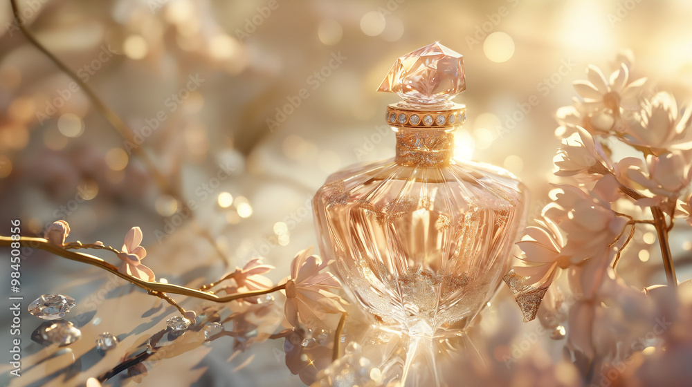 The transparent pink perfume bottle is placed on the soft, gauzy tablecloth with crystal decorations around it. The transparent pink perfume bottle is placed on the soft, gauzy tablecloth with crystal decorations around it.
