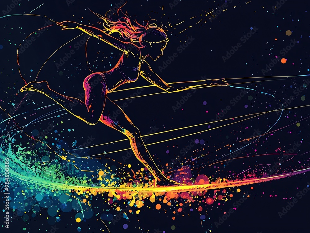 Artistic vector of acrobatic gymnast midair on the trampoline drawn in vibrant abstract forms and geometric lines Artistic vector of acrobatic gymnast midair on the trampoline drawn in vibrant abstract forms and geometric lines