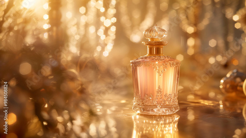 The transparent pink perfume bottle is placed on the soft, gauzy tablecloth with crystal decorations around it.