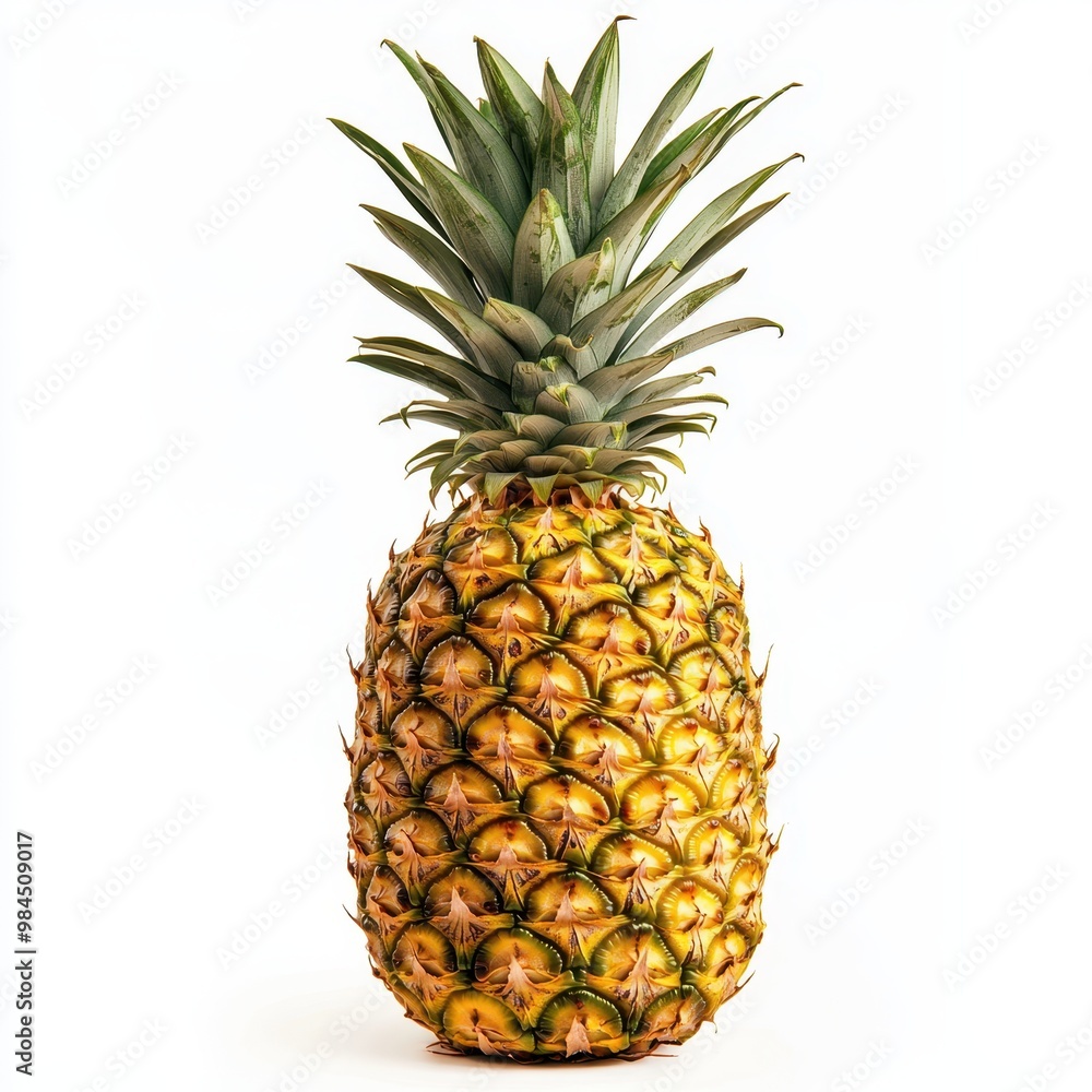 Fototapeta premium A close-up view of a whole fresh pineapple isolated on a clean white background.