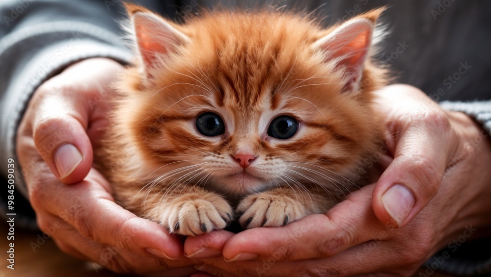 A sweet and endearing kitten, with fluffy red fur, sits snugly in the gentle grasp of a person's hands A sweet and endearing kitten, with fluffy red fur, sits snugly in the gentle grasp of a person's hands