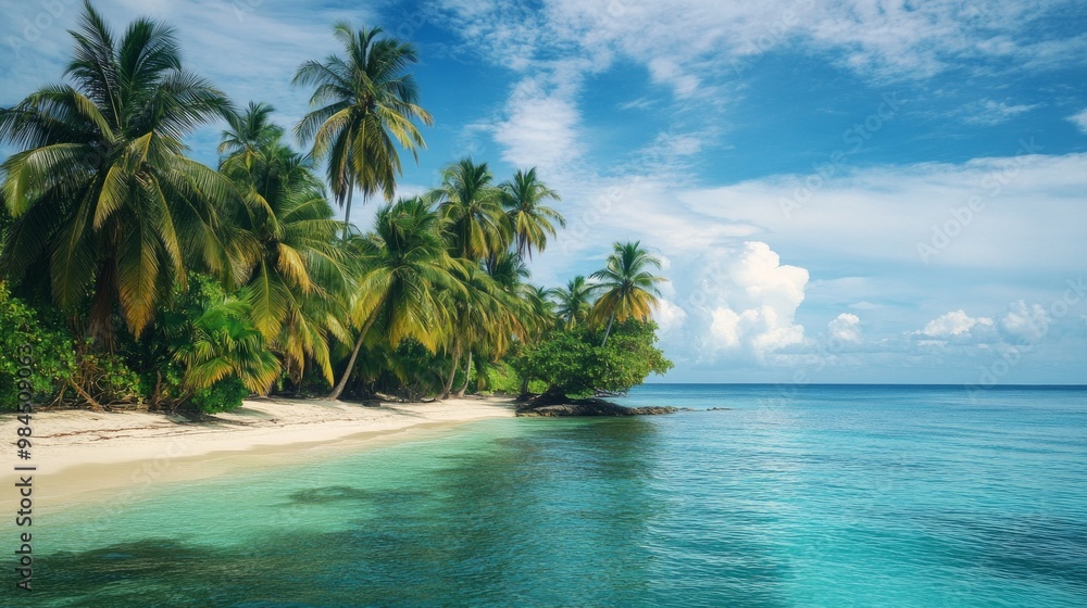 Obraz premium Tropical Island Retreat, an idyllic beach embraced by turquoise waters, fringed with vibrant palm trees, perfect for a serene escape and relaxation in paradise