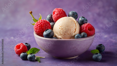 Fresh strawberry ice cream with mixed berries in a white bowl photo