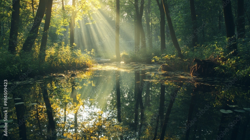 Fototapeta premium Serene Woodland Reflections, tranquil nature walks, vibrant greenery, sunlight filtering through trees, peaceful moments of introspection and connection with the natural world
