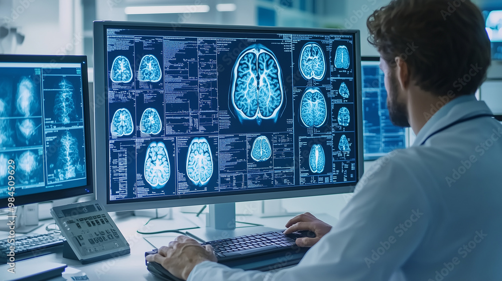 Health Examination: Doctor Analyzing X-Ray and MRI Scan Images of ...