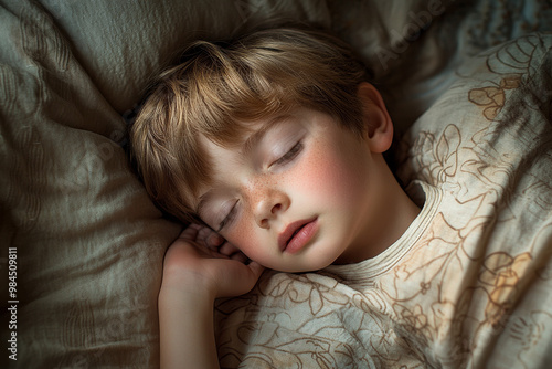 A young boy is sleeping in bed with his head on a pillow