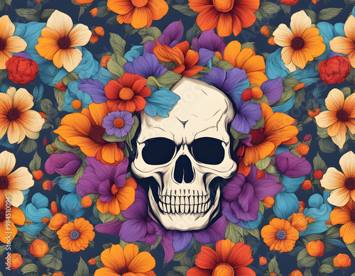 Skull surrounded by colorful flowers background