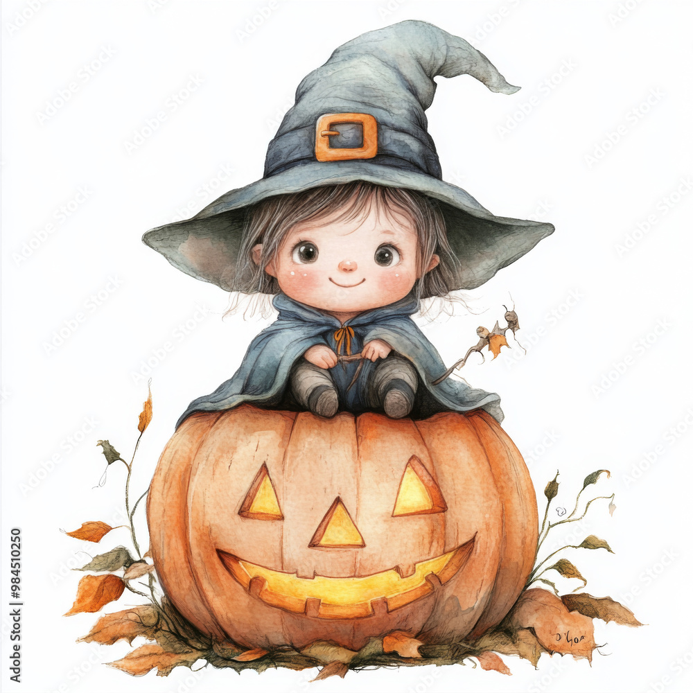 Cute Halloween Witch Girl with Pumpkin - Halloween Illustration Cute Halloween Witch Girl with Pumpkin - Halloween Illustration