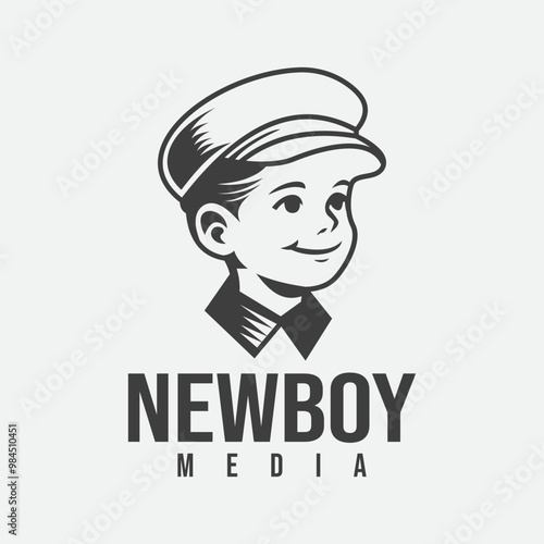 Vintage Boy Vector with Cadet Flat Cap for Newspaper Boy or Newsboy Classic Image Illustration Logo Design