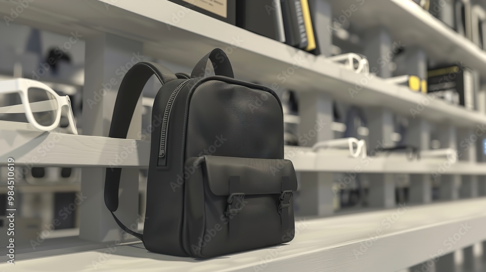 A mockup of a 3D-empty black bag shown on a Minamalis retail rackA rack in the Minamalis store has a mock-up of white 3D spectacles, Generative AI. A mockup of a 3D-empty black bag shown on a Minamalis retail rackA rack in the Minamalis store has a mock-up of white 3D spectacles, Generative AI.